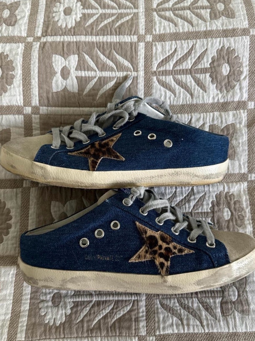 Golden Goose Navy Denim Sneakers with Leopard Star Accent